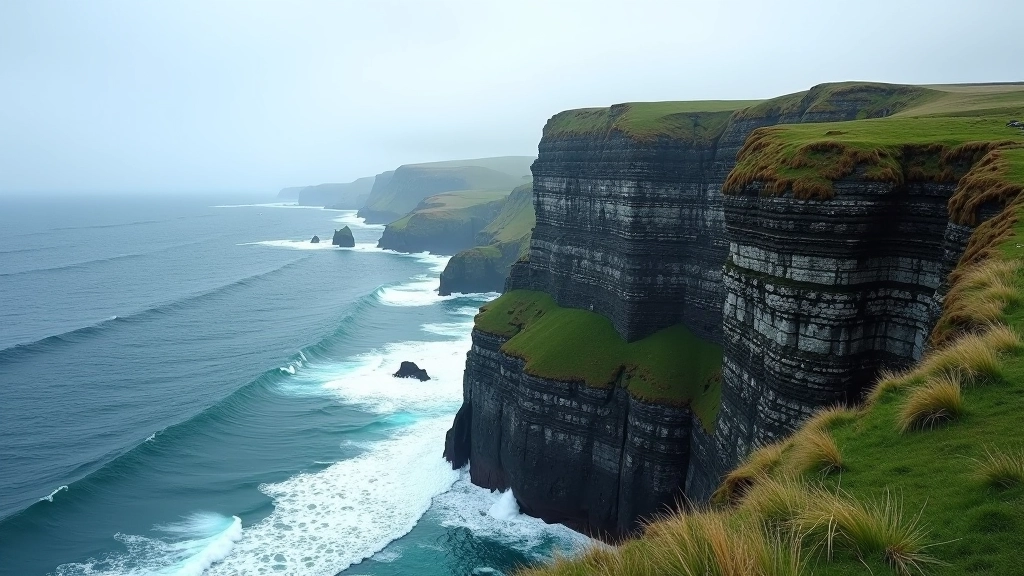 Dramatic cliff edge overlooking Atlantic Ocean with rocky coastline of Inis Mór