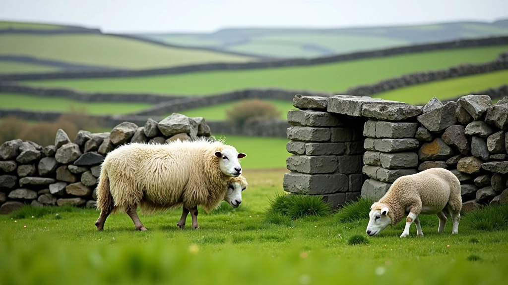 Sheep grazing near traditional stone sheep fold structure on Aran Islands